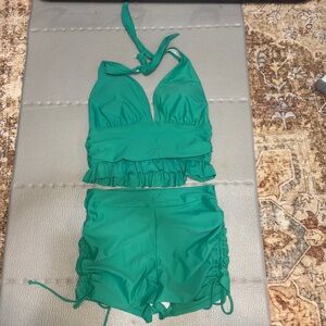 Green Ruffled Halter Tankini with shorts Medium